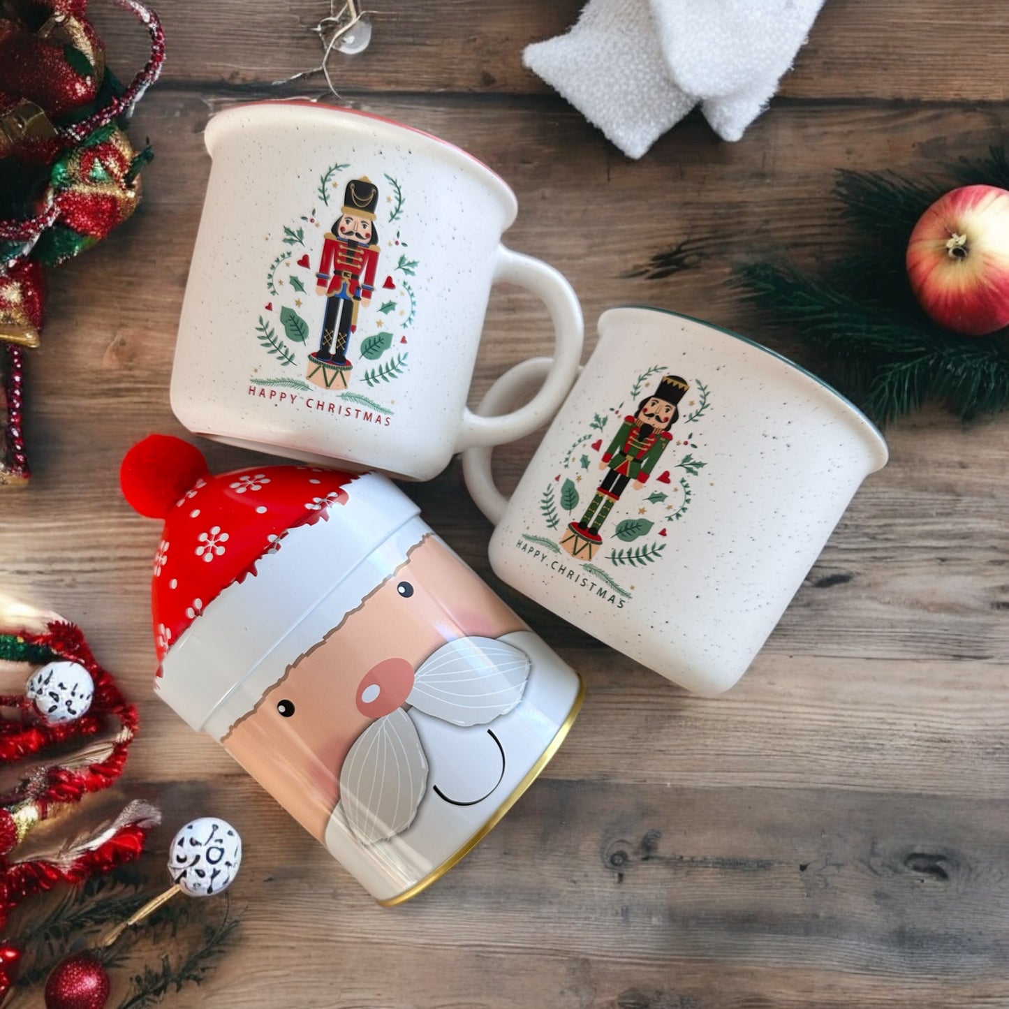 Geschenkset Tee Dose Weihnachtsmann + 2 Weihnachtstassen Nussknacker