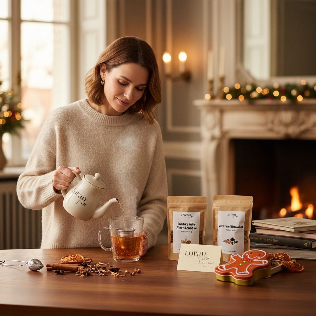 Tee Geschenkset Weihnachten – Santa’s süße Zimtschnecke, Weihnachtswunsch & Mandel-Kirsche – mit Dose & Teezange