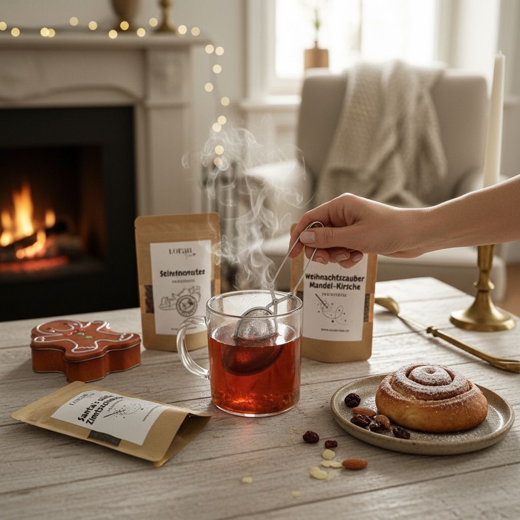 Tee Geschenkset Weihnachten – Santa’s süße Zimtschnecke, Weihnachtswunsch & Mandel-Kirsche – mit Dose & Teezange