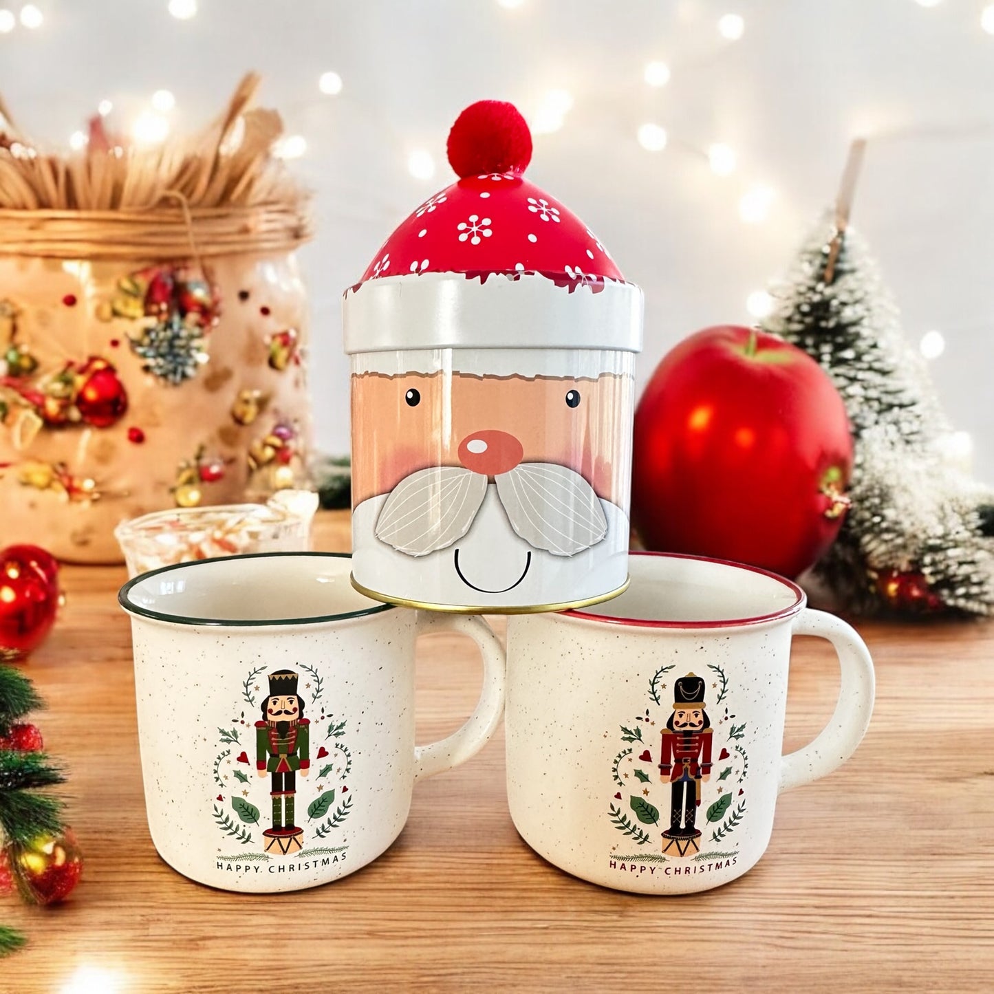 Geschenkset Tee Dose Weihnachtsmann + 2 Weihnachtstassen Nussknacker