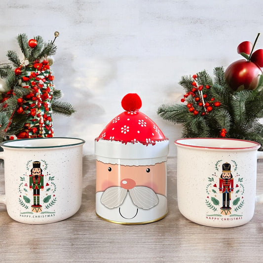 Geschenkset Tee Dose Weihnachtsmann + 2 Weihnachtstassen Nussknacker