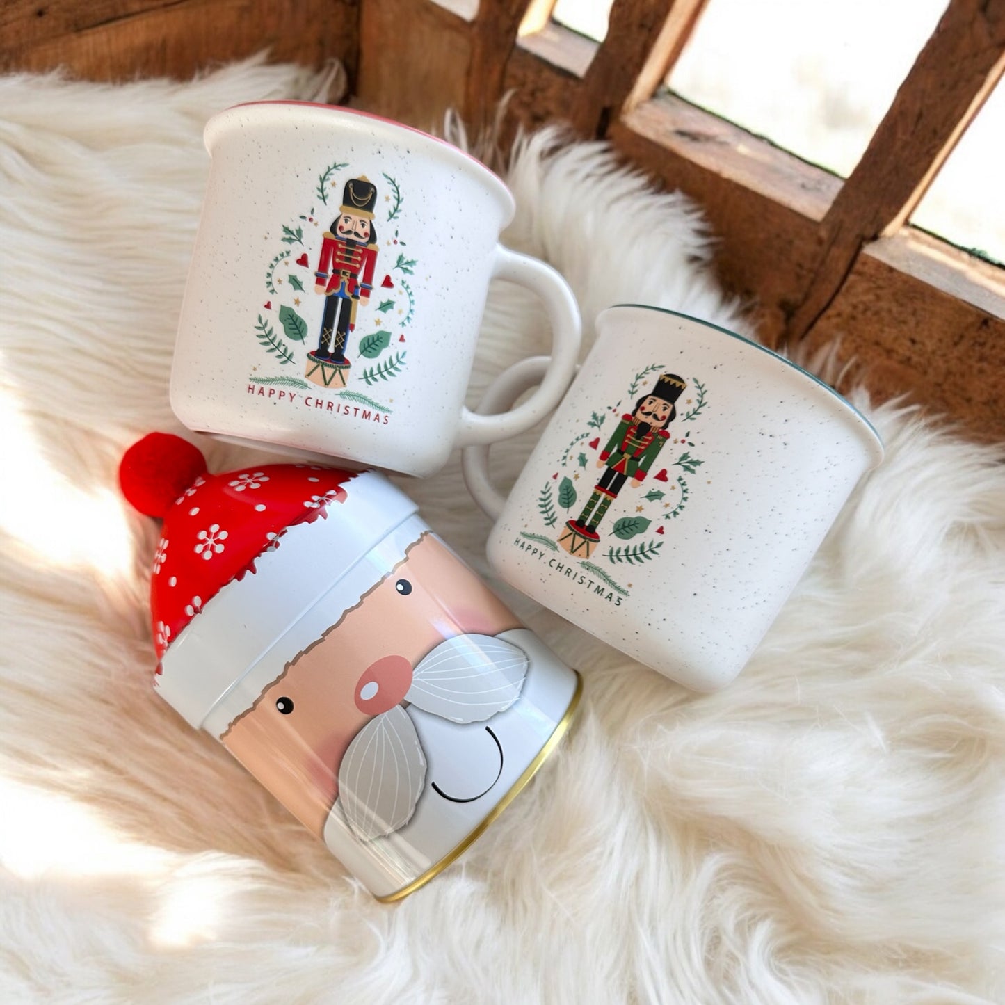 Geschenkset Tee Dose Weihnachtsmann + 2 Weihnachtstassen Nussknacker
