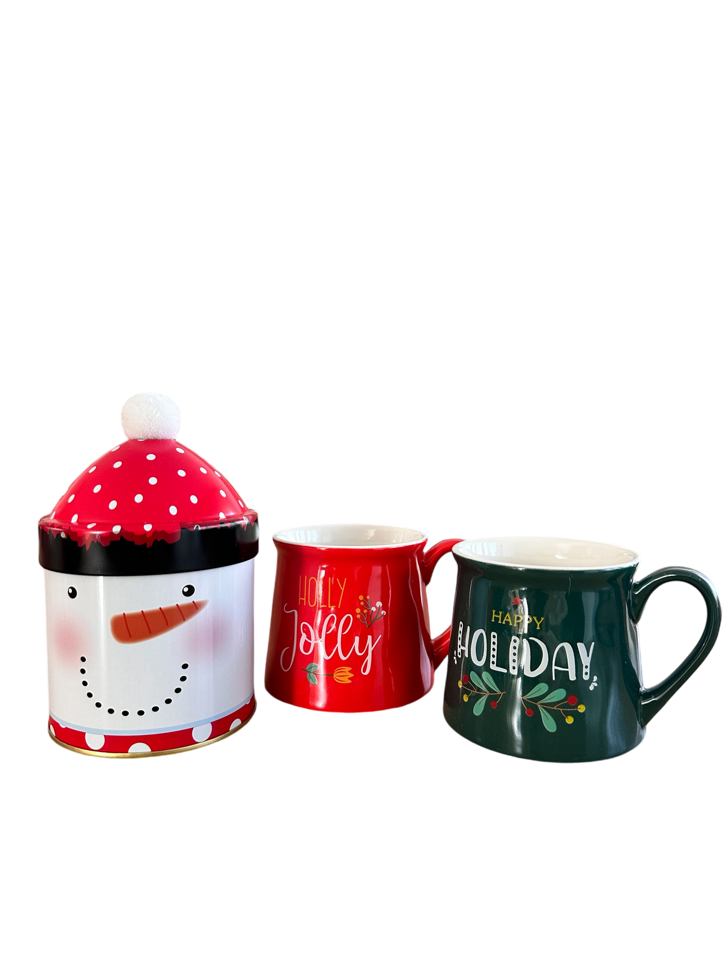 Geschenkset Tee Dose Schneemann + 2 Weihnachtstassen Grün/Rot