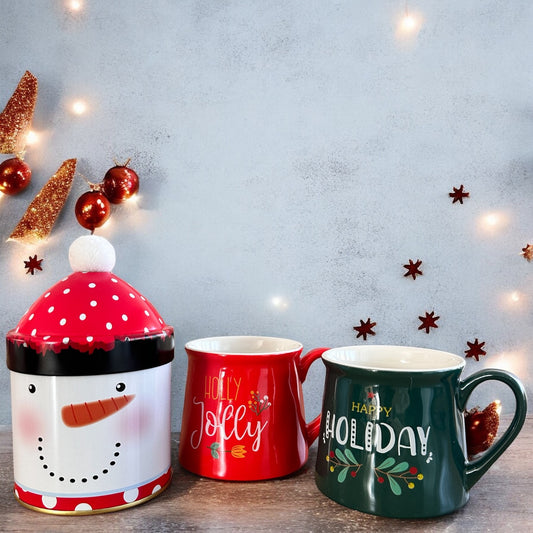 Geschenkset Tee Dose Schneemann + 2 Weihnachtstassen Grün/Rot