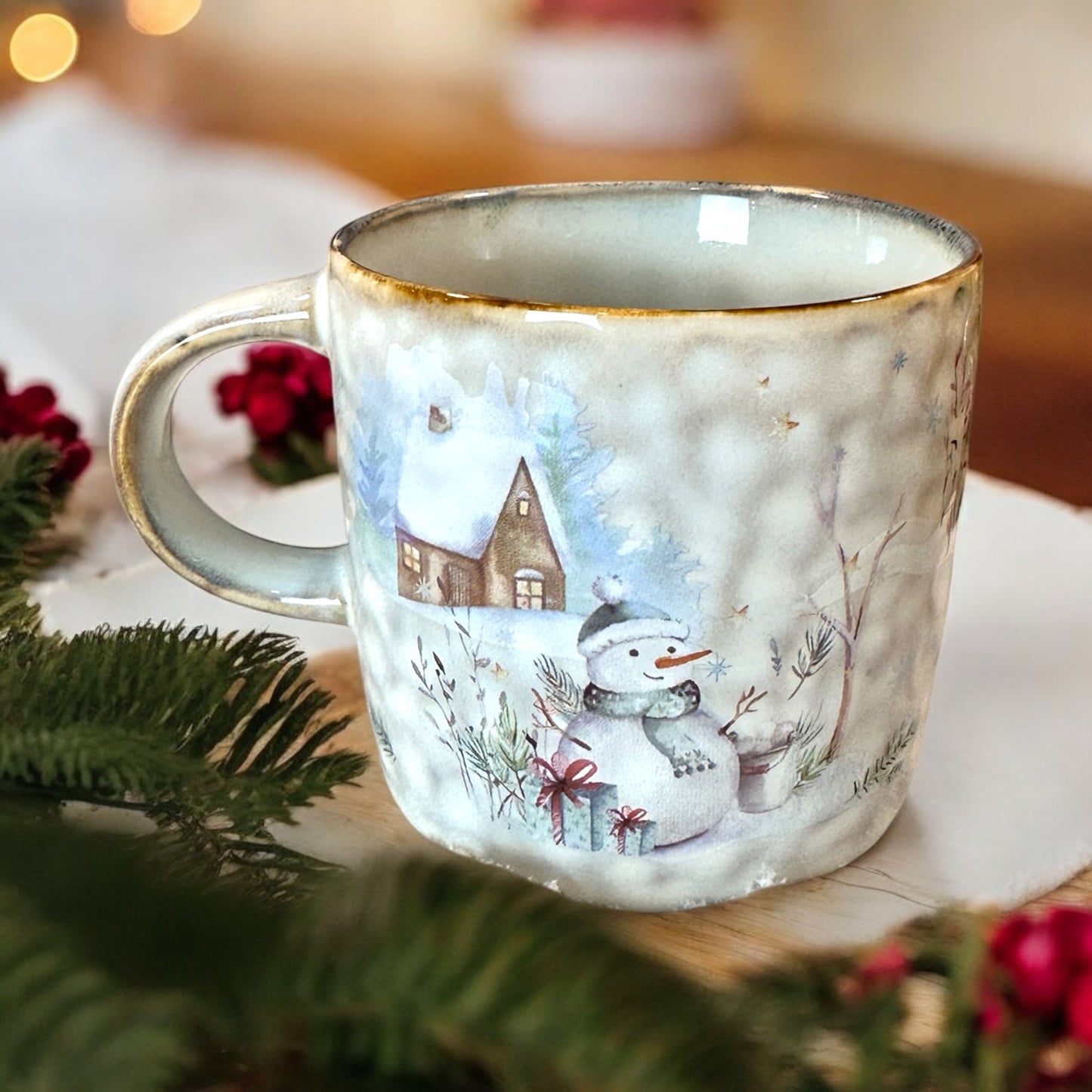 Tasse Schneemann-blauer Oldtimer, 0,3l, Geschenk, Weihnachtstasse