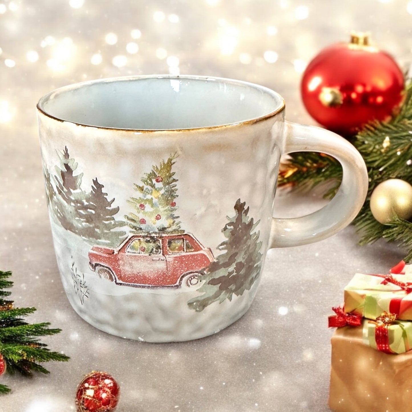 Tasse roter Oldtimer, 0,3l, Geschenk, Weihnachtstasse