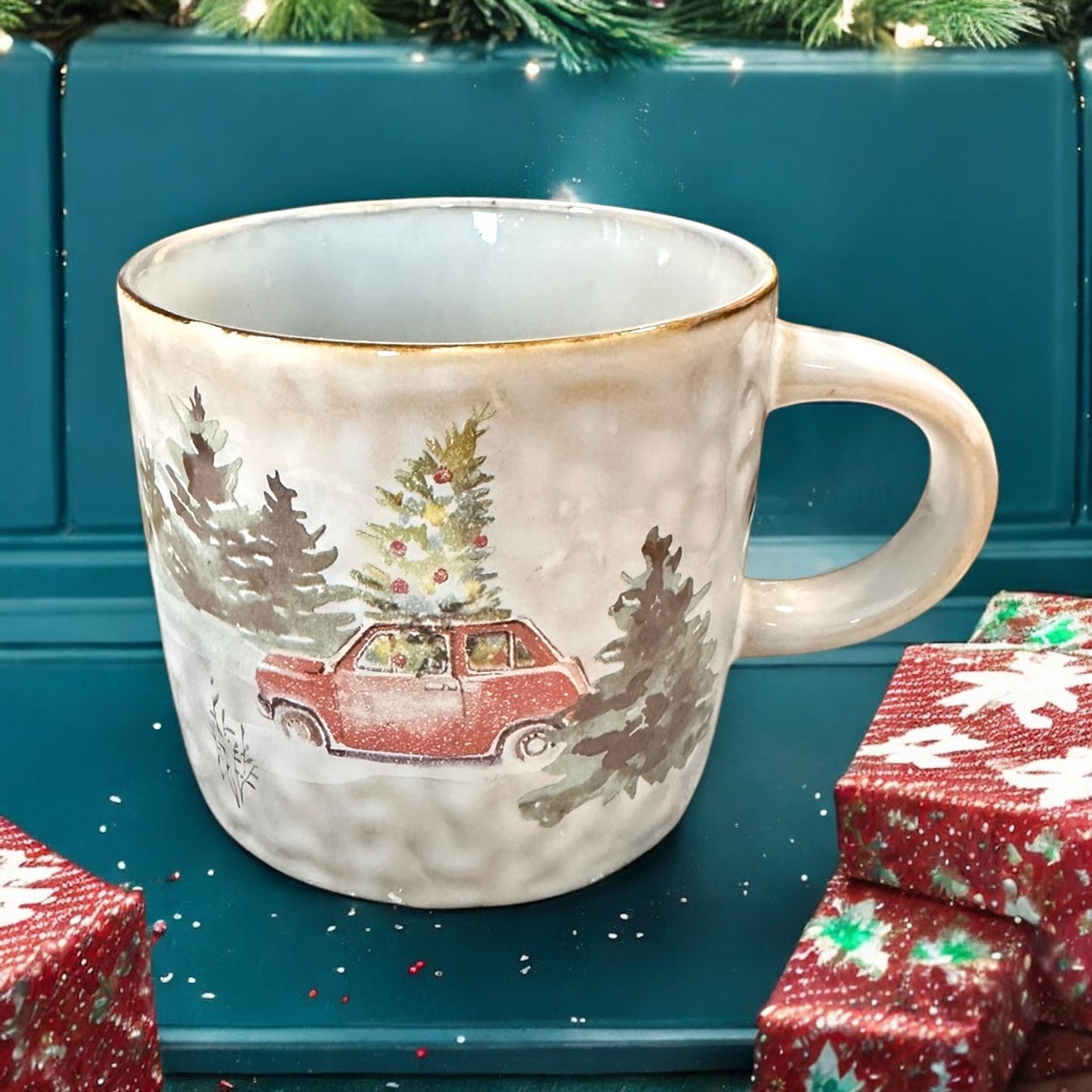 Tasse roter Oldtimer, 0,3l, Geschenk, Weihnachtstasse