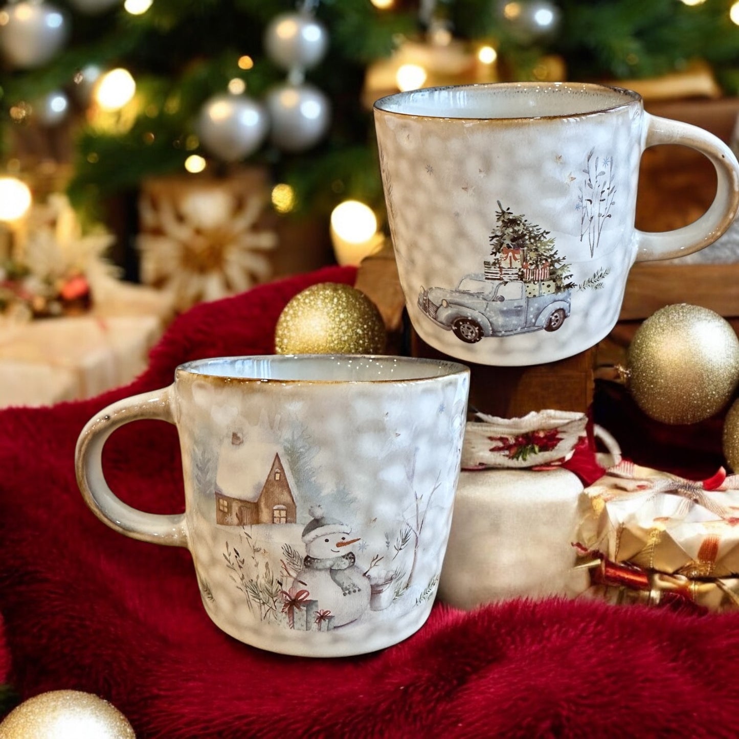Tasse Schneemann-blauer Oldtimer, 0,3l, Geschenk, Weihnachtstasse